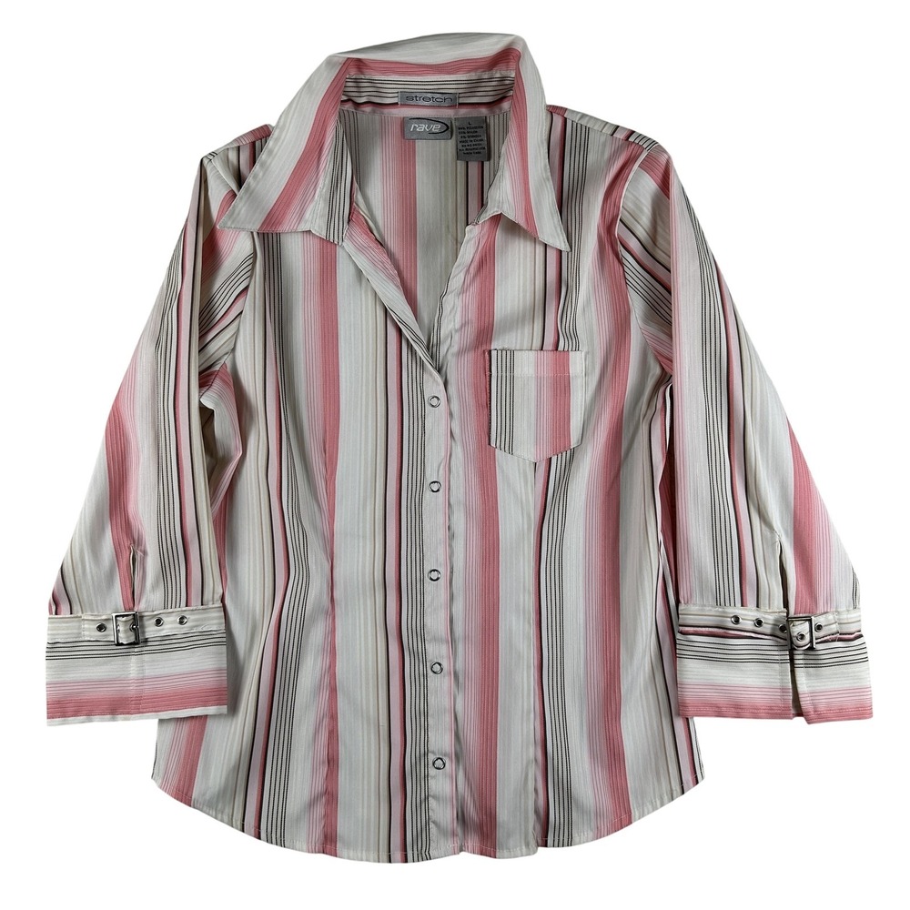 Vtg Rave Button Up Shirt Womens Large Stripe Stretch 3/4 Sleeve Buckle Cuff Y2K